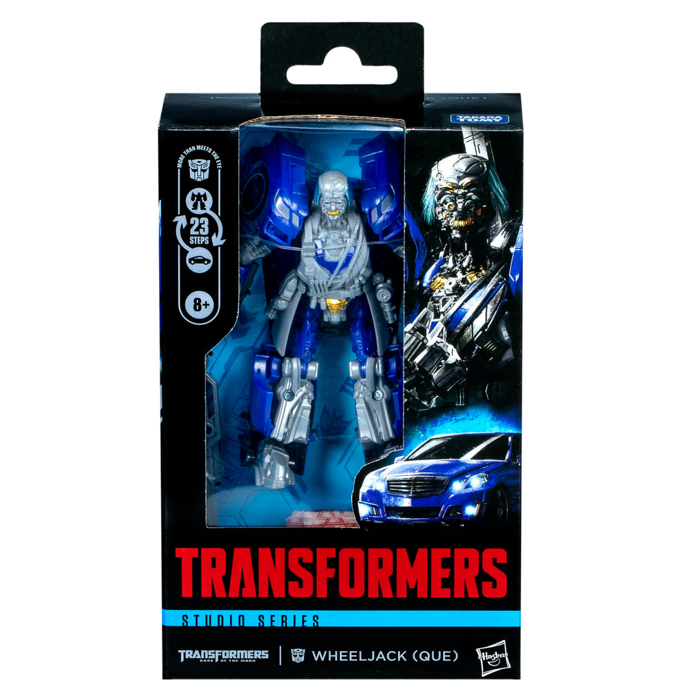 Transformers Wheeljack Que Studio Series figure with articulated head, arms, and legs for poses.