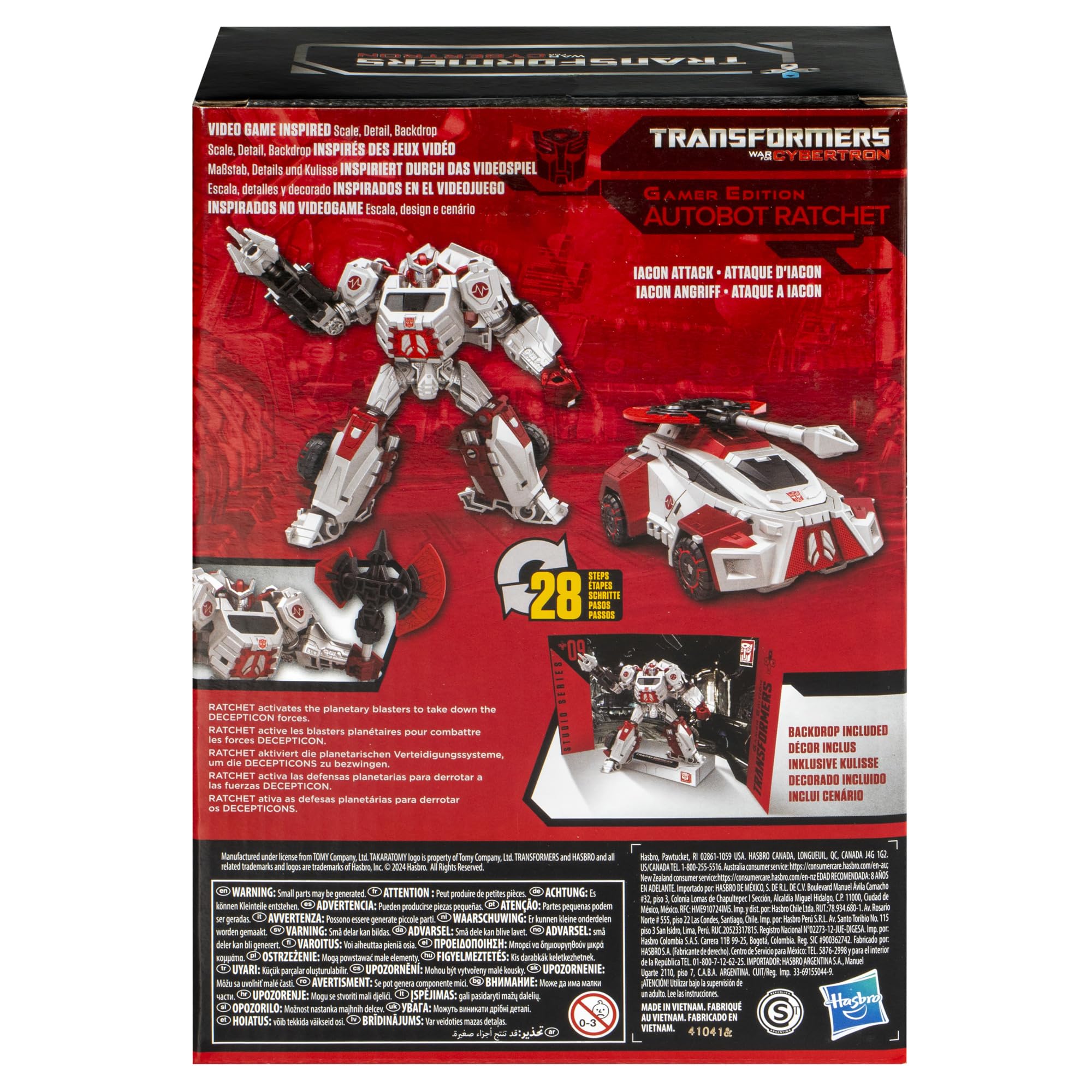 Removable Iacon Attack backdrop with Ratchet for dramatic staging.