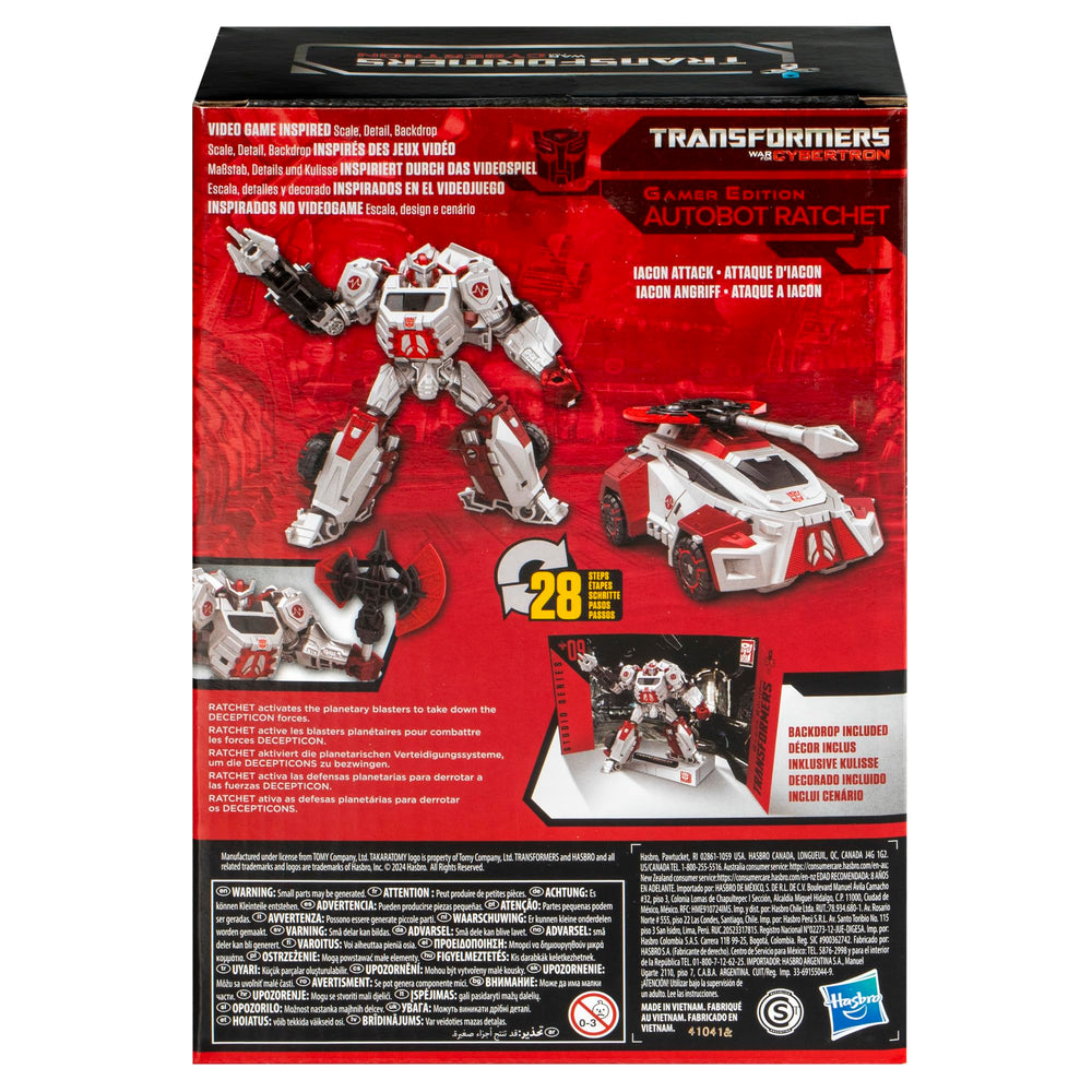 Removable Iacon Attack backdrop with Ratchet for dramatic staging.