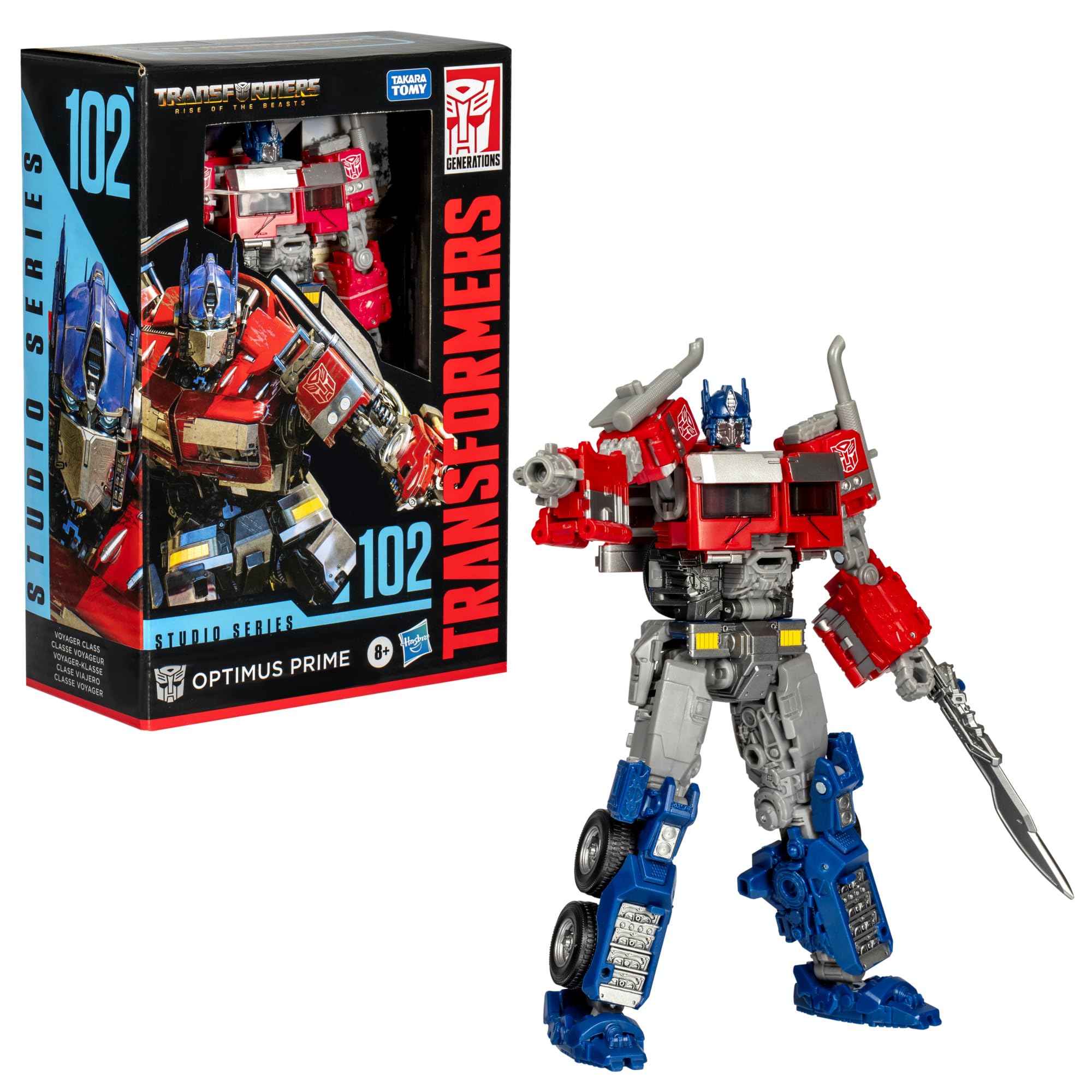 Optimus Prime sword and blaster accessories for dual-mode play and display.