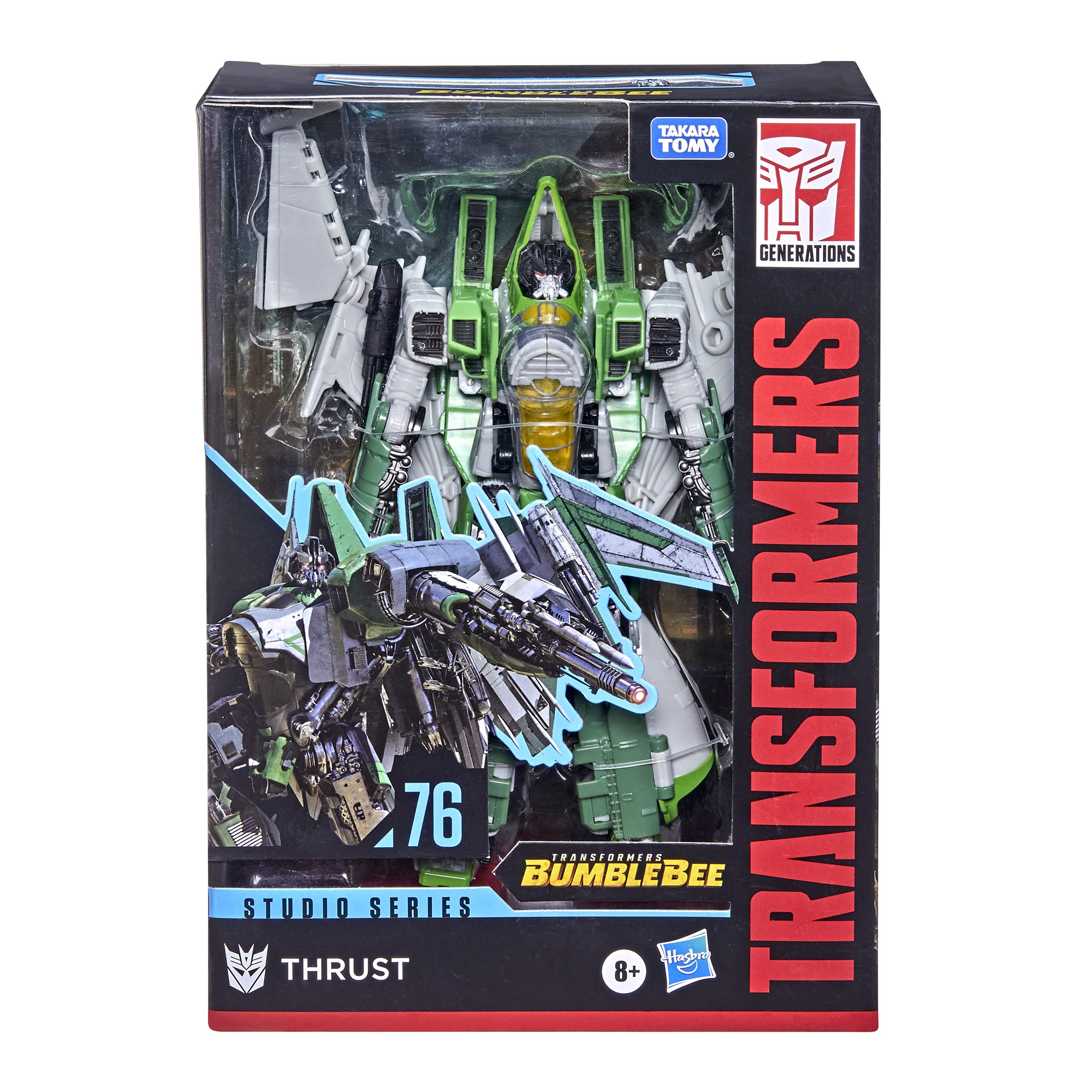 Transformers Thrust robot mode pose-ready for display with Blaster.