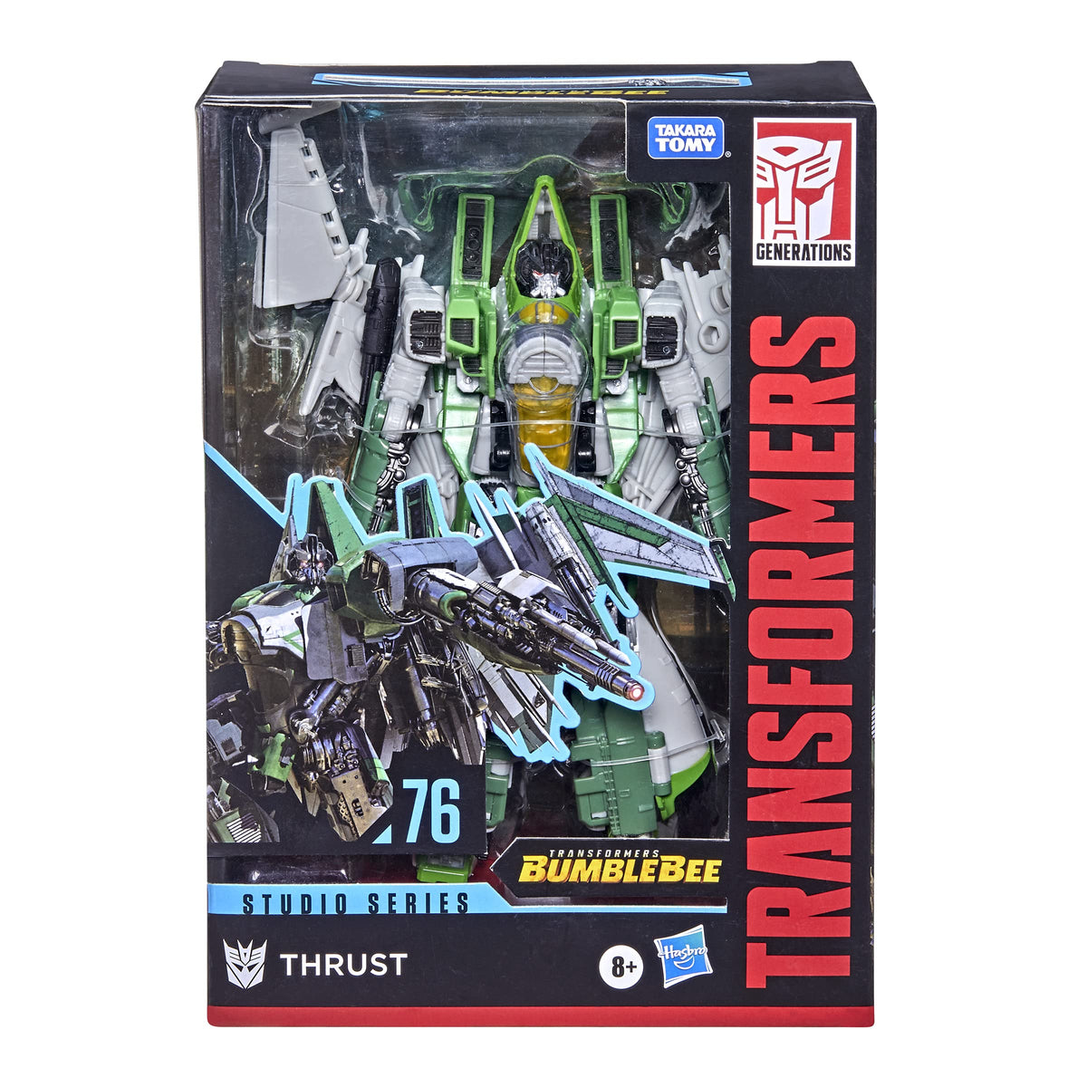 Transformers Thrust robot mode pose-ready for display with Blaster.