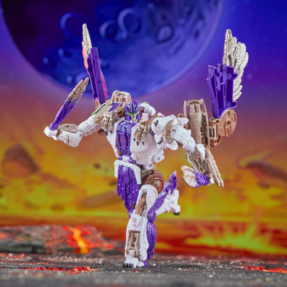 Transformers Tigerhawk accessories include blasters and wing blades for versatile combat scenes.
