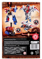 Transformers Timelines Starscream with train roof shield and gatling blasters.