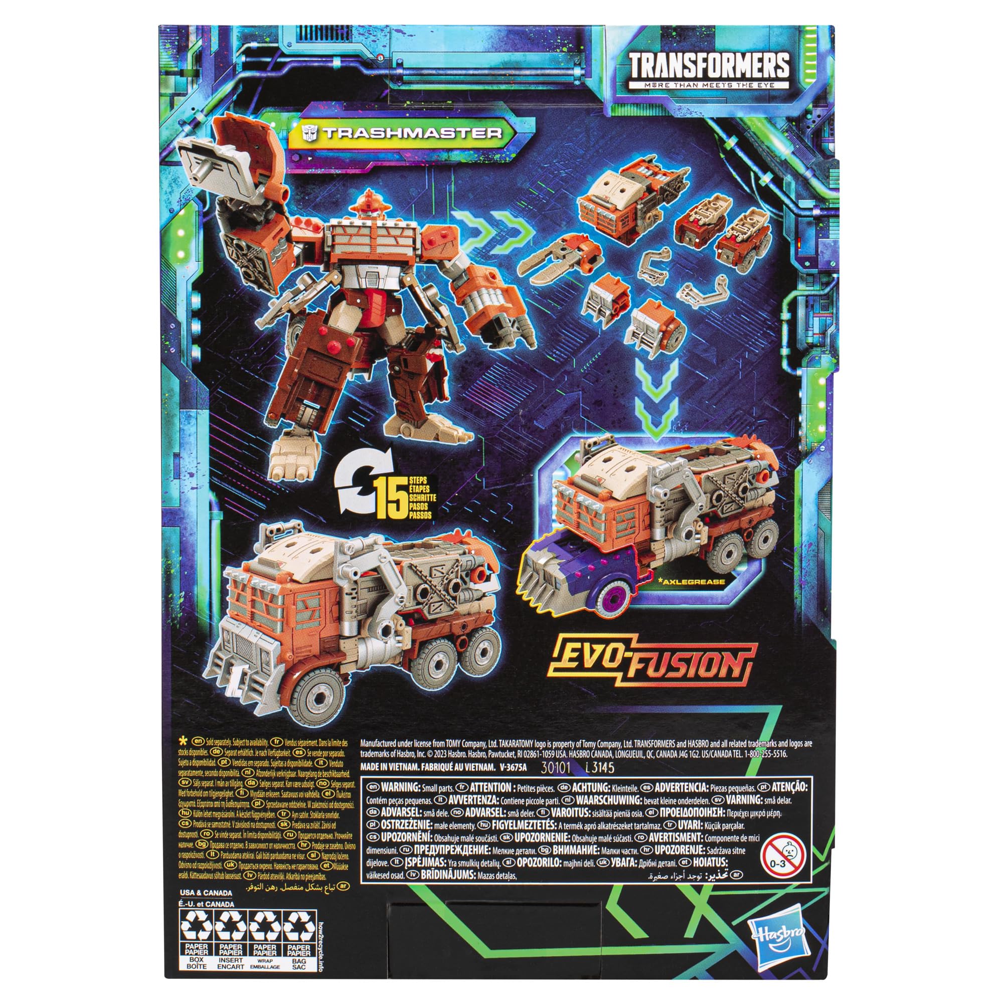 Transformers Trashmaster with articulated trash compactor arm attachment for dynamic posing.