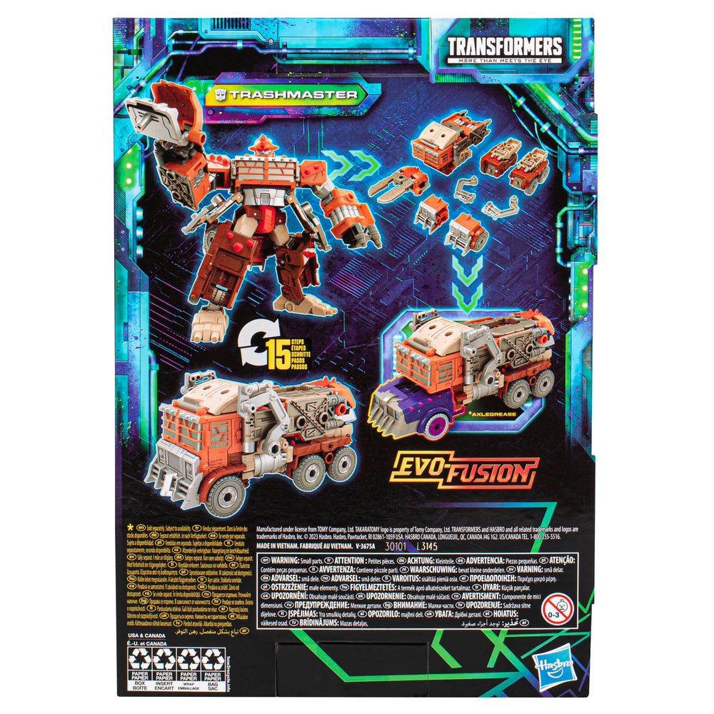 Transformers Trashmaster with articulated trash compactor arm attachment for dynamic posing.