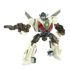 Transformers Wheeljack in Cybertron racecar mode showing fluid transformation for display.