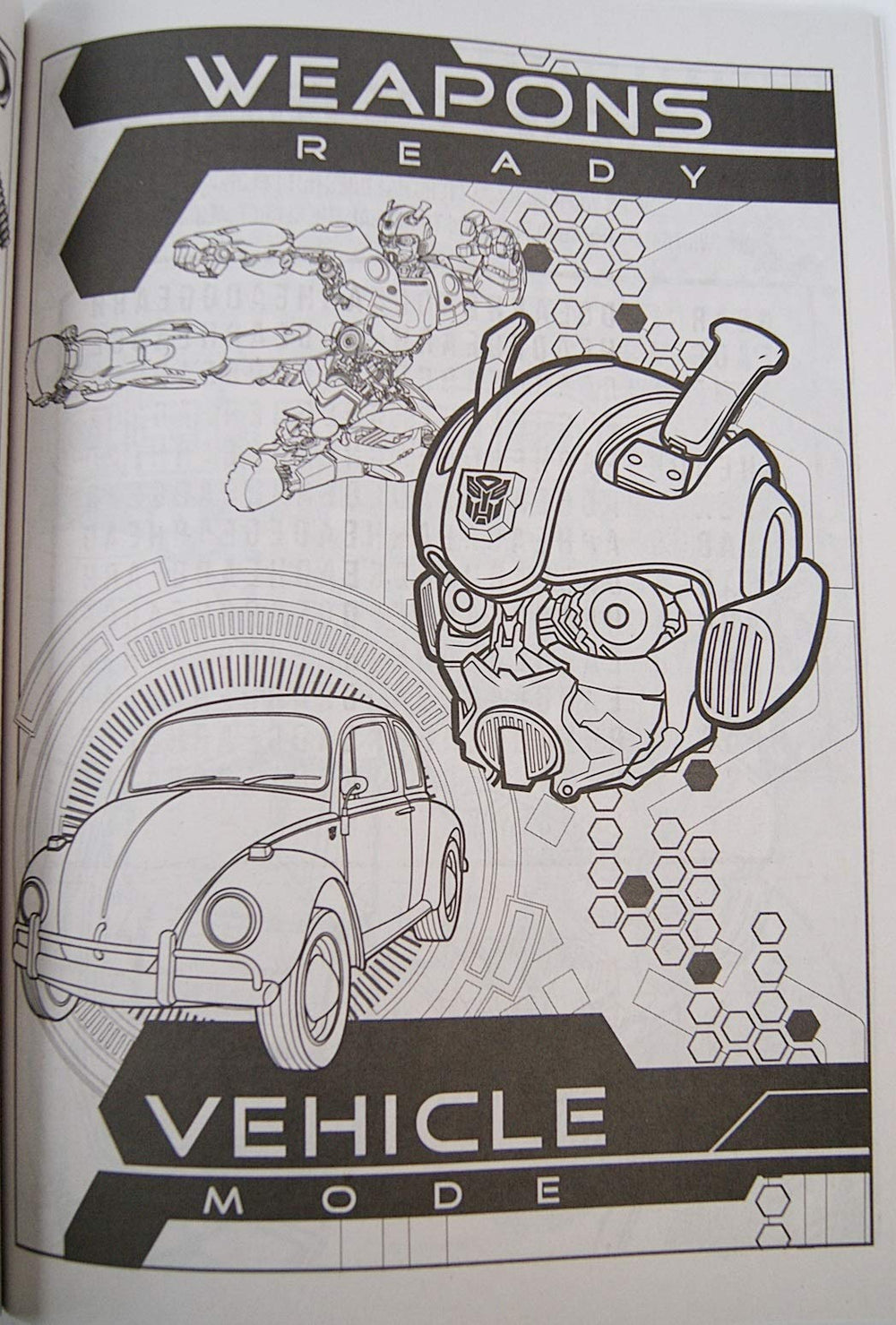 Open spread of Transformrs Bumblebee pages inviting creativity during indoor coloring sessions.