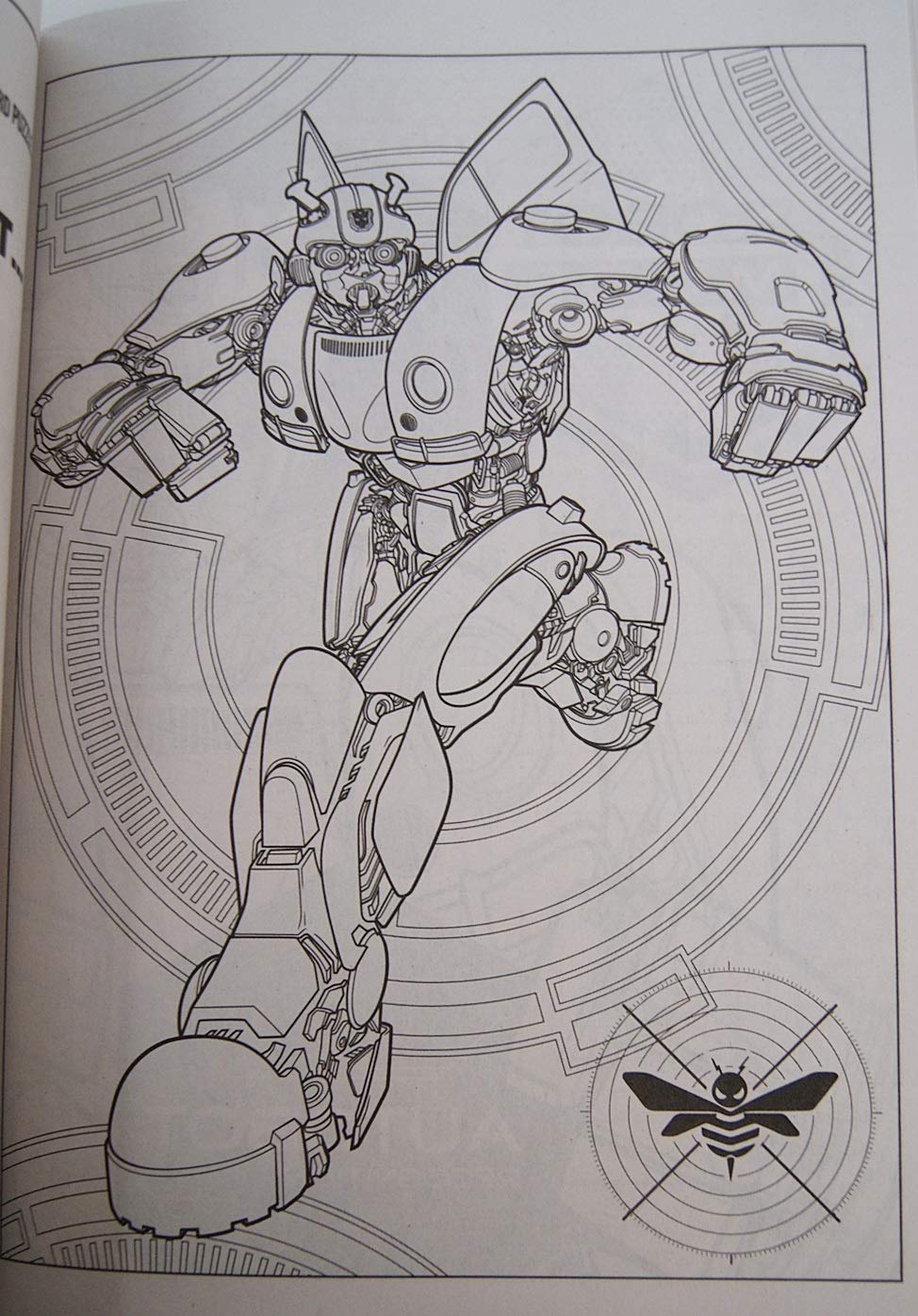 Transformrs Bumblebee coloring book spread with activities to boost focus and fine motor skills.