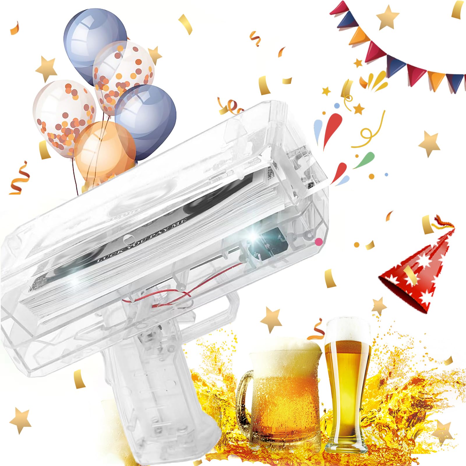 Trassi Money Gun transparent front view dispensing cash-like props for celebrations