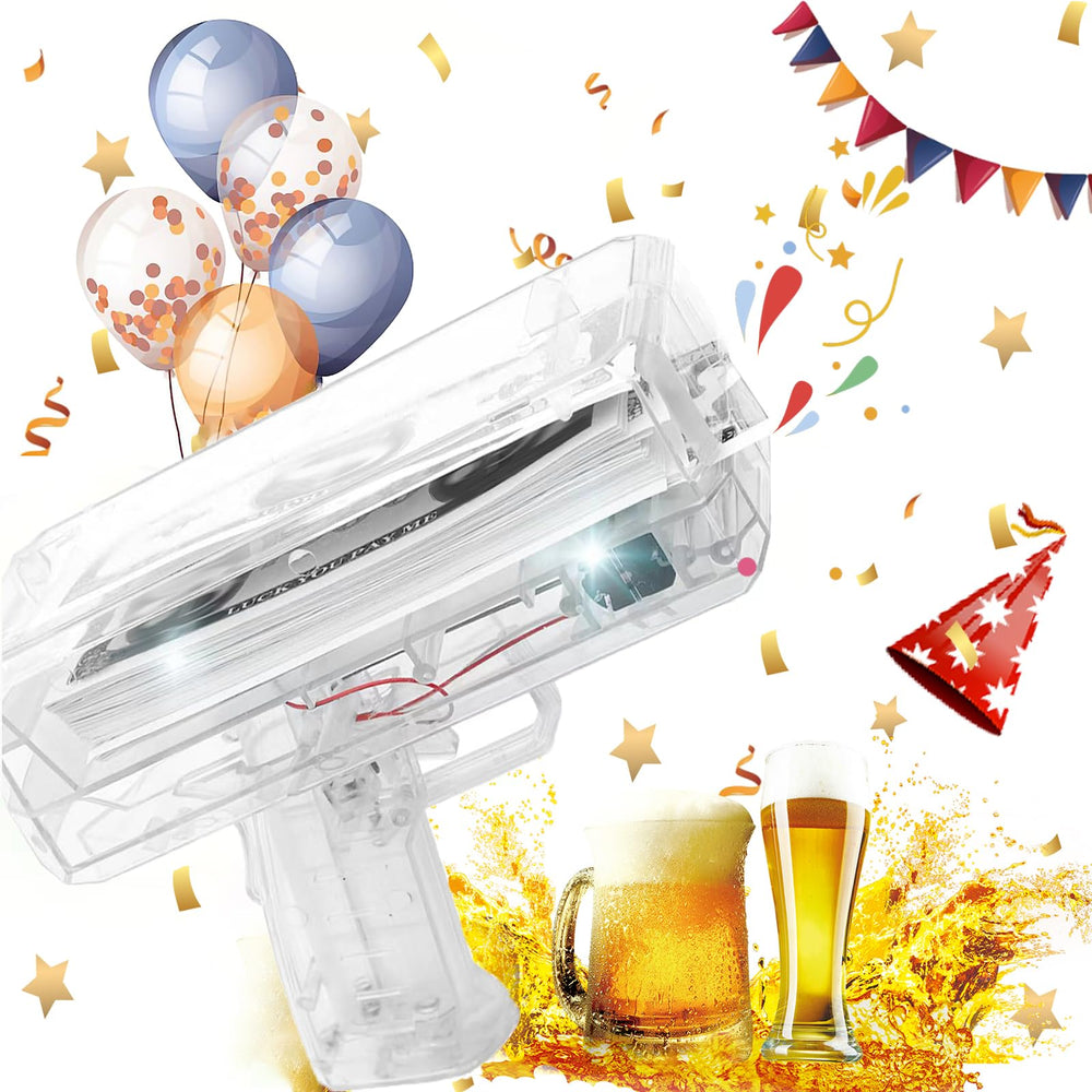 Trassi Money Gun transparent front view dispensing cash-like props for celebrations