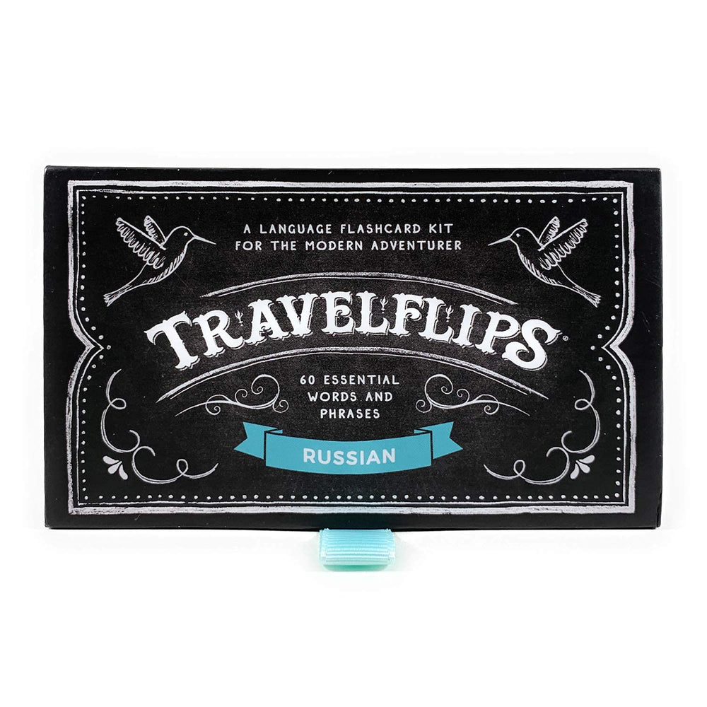 Travelflips Russian flash cards box displayed, keeping materials organized for travel study sessions.