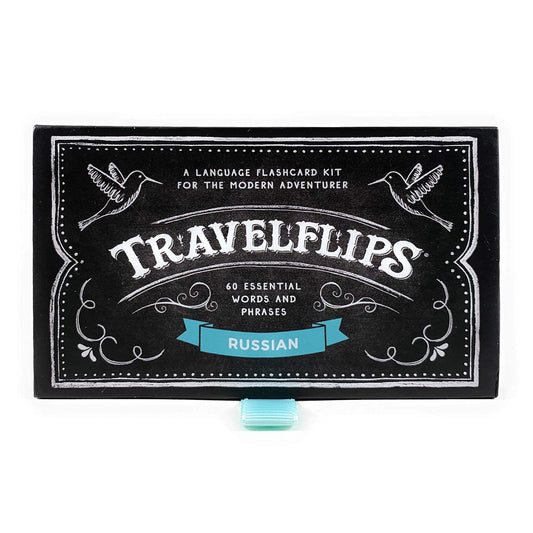 Travelflips Russian flash cards box displayed, keeping materials organized for travel study sessions.