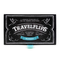 Travelflips Russian flash cards box displayed, keeping materials organized for travel study sessions.