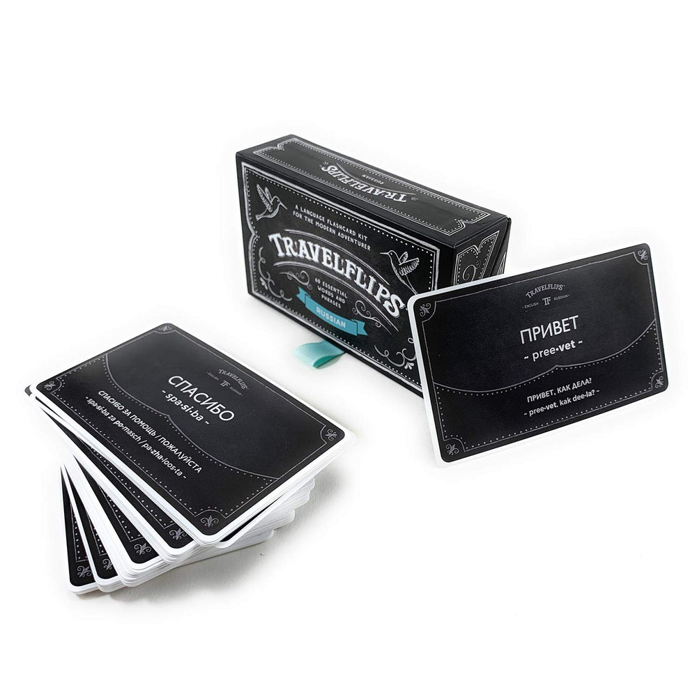 Travelflips Russian flash cards pronunciation card highlights phonetics for accurate speaking.