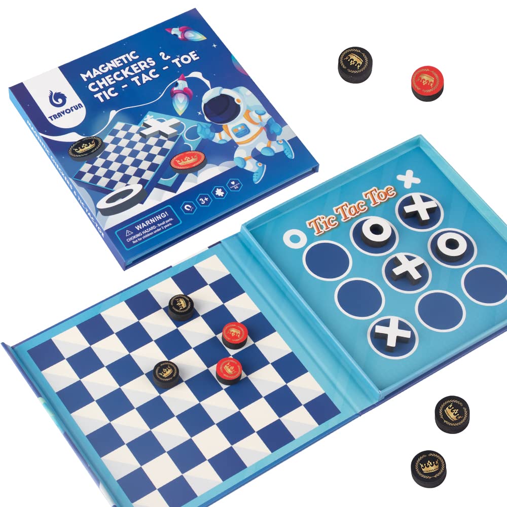 Travofun 2-in-1 board opens for travel-friendly checkers and tic-tac-toe.