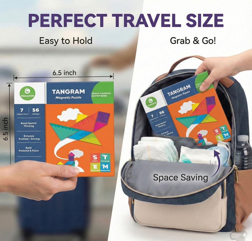 Travofun compact travel tangrams fit backpacks for road trips.