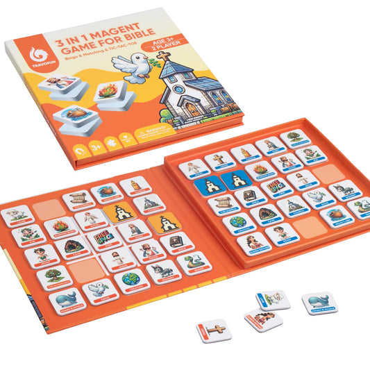 Travofun magnetic 3-in-1 Bible games Bingo; portable family-friendly learning on the go.
