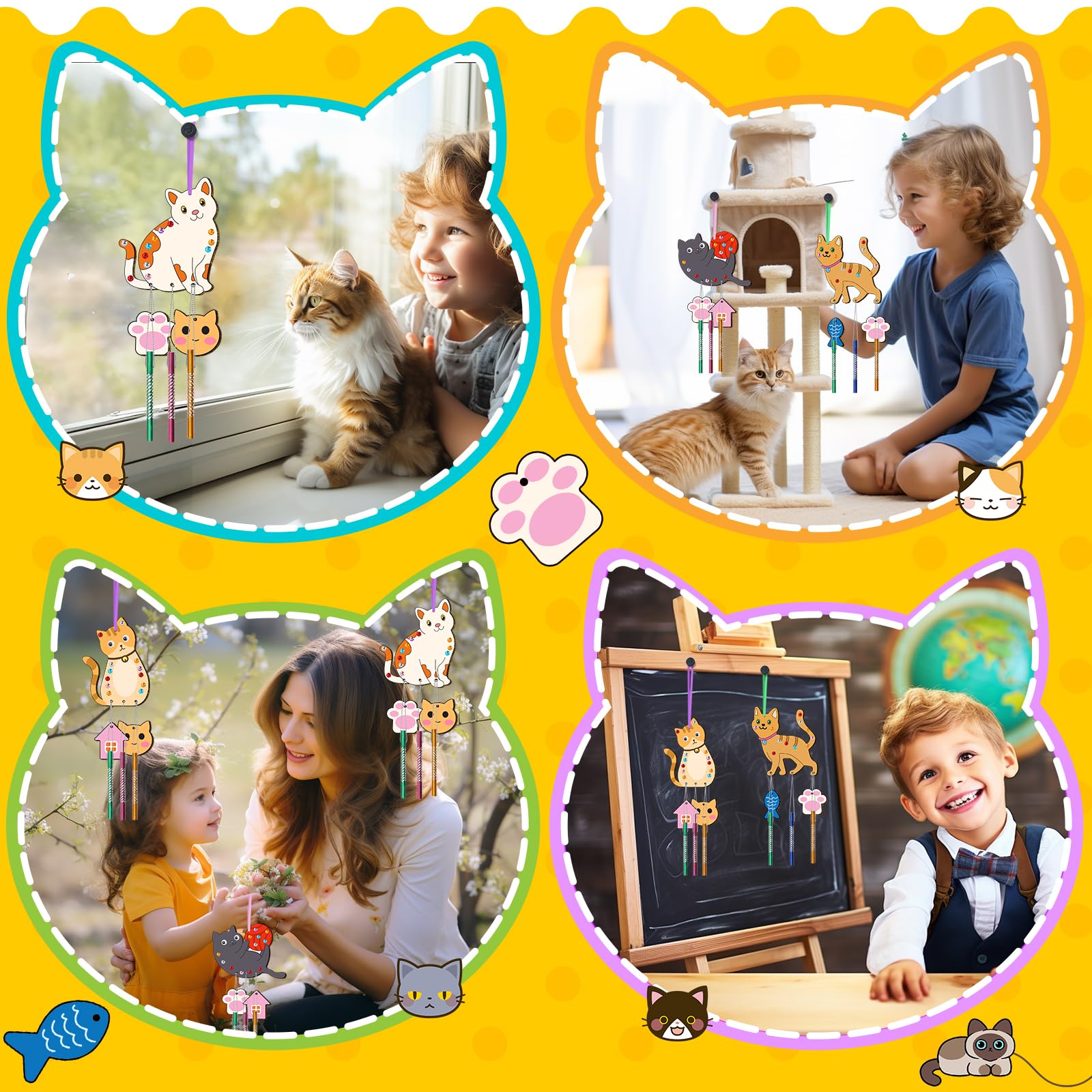 TREACLUB 3D eyes complete cute cat wind chimes with playful detail.