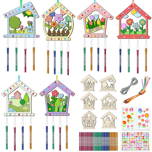 TREACLUB birdhouse wind chime kit with six styles for creative painting and DIY decor