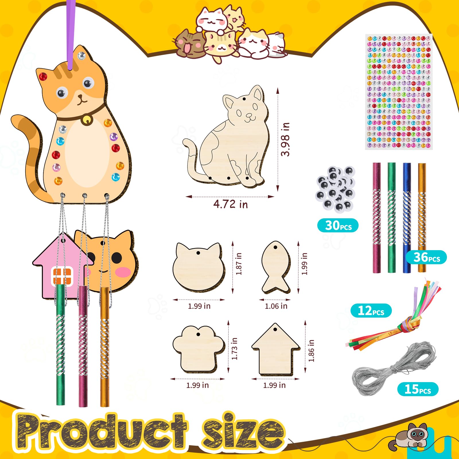 TREACLUB cat wind chime kit small cutouts ready for colorful designs.