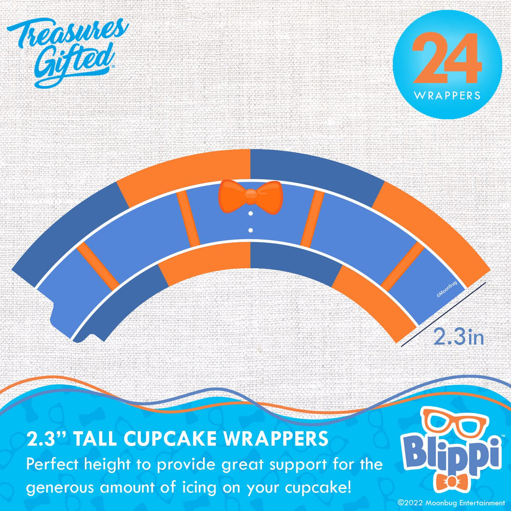 Treasures Gifted Blippi cake decor kit highlights the signature blue and orange colors.
