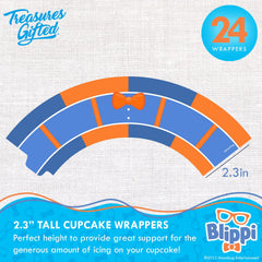 Treasures Gifted Blippi cake decor kit highlights the signature blue and orange colors.