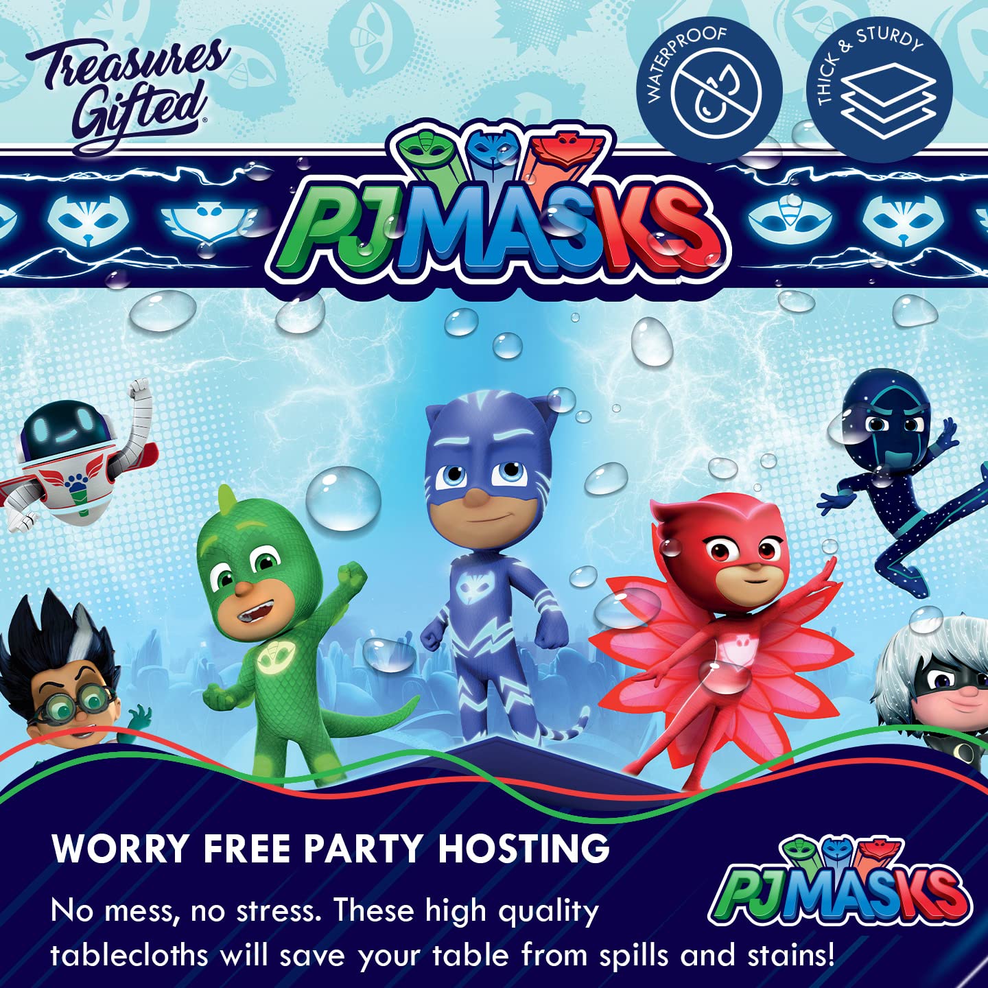 Treasures Gifted PJ Masks tablecloth in large 54x108 inch size for table protection.