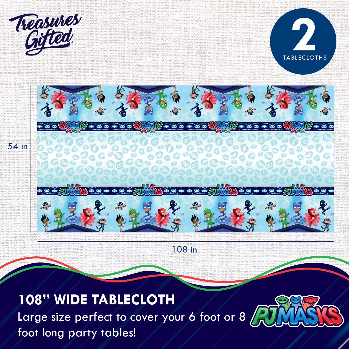 Treasures Gifted PJ Masks tablecloth with durable plastic for quick cleanup.
