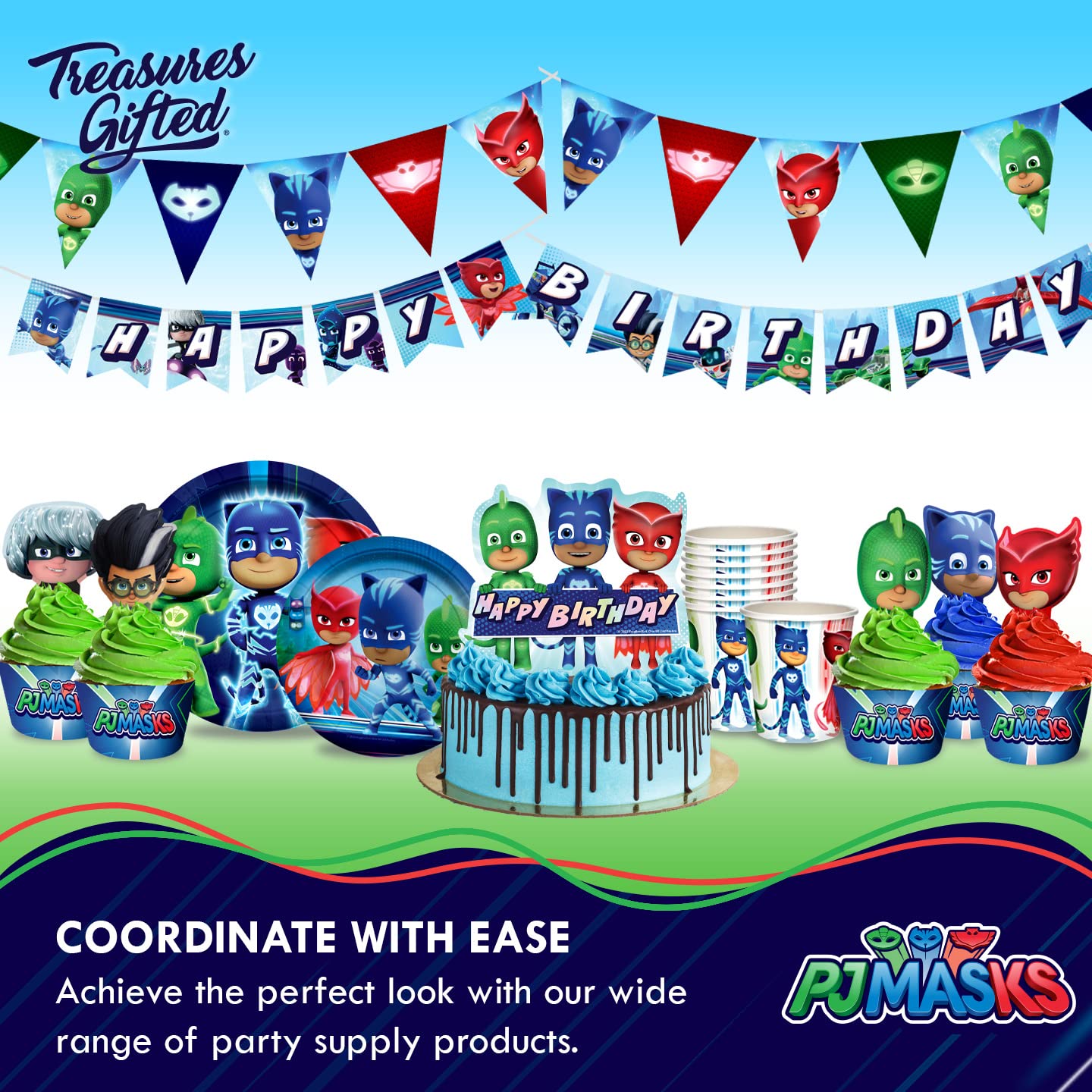 Treasures Gifted PJ Masks tablecloth boosts quick setup and festive table appeal.