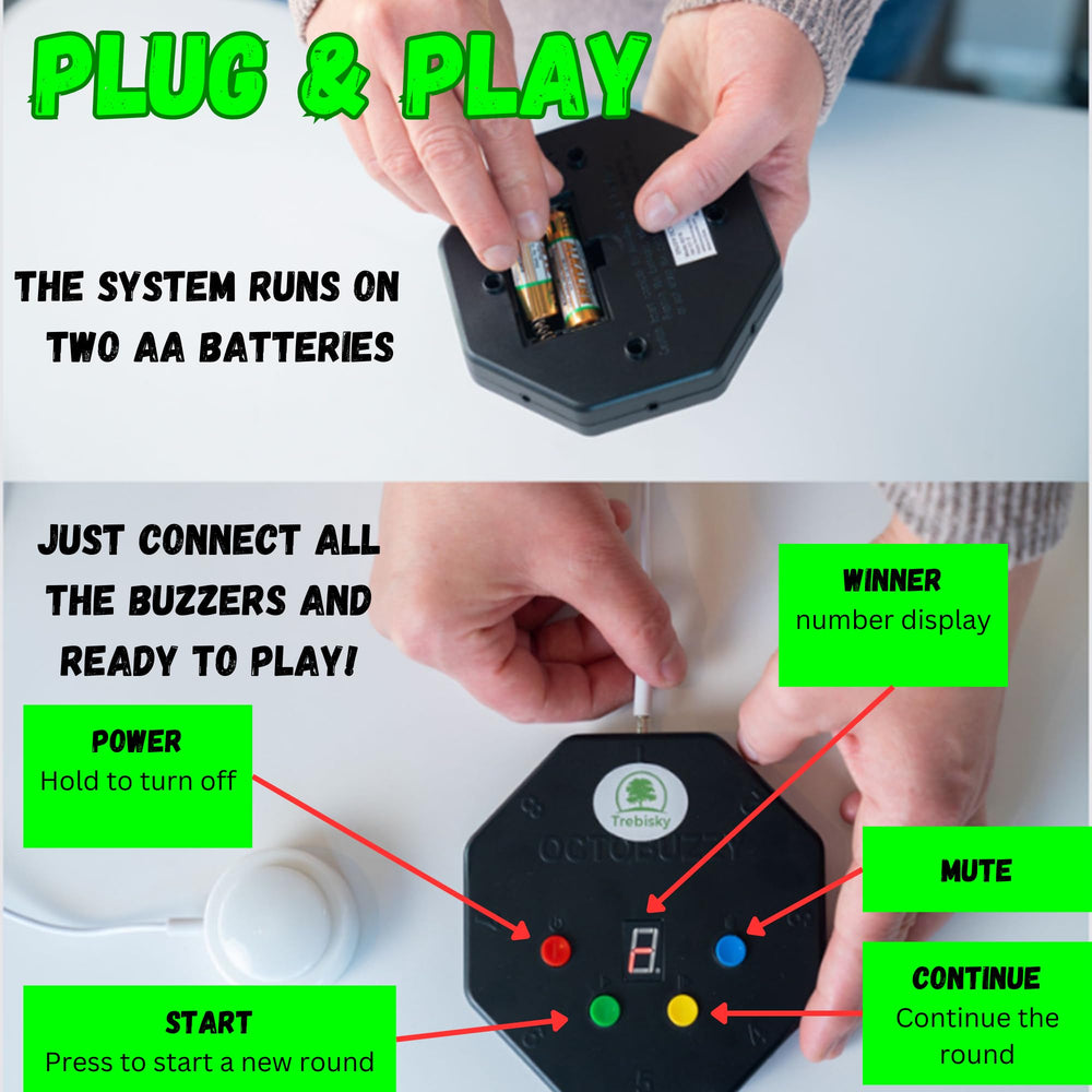 Trebisky buzzers showing bright LED colors during gameplay.