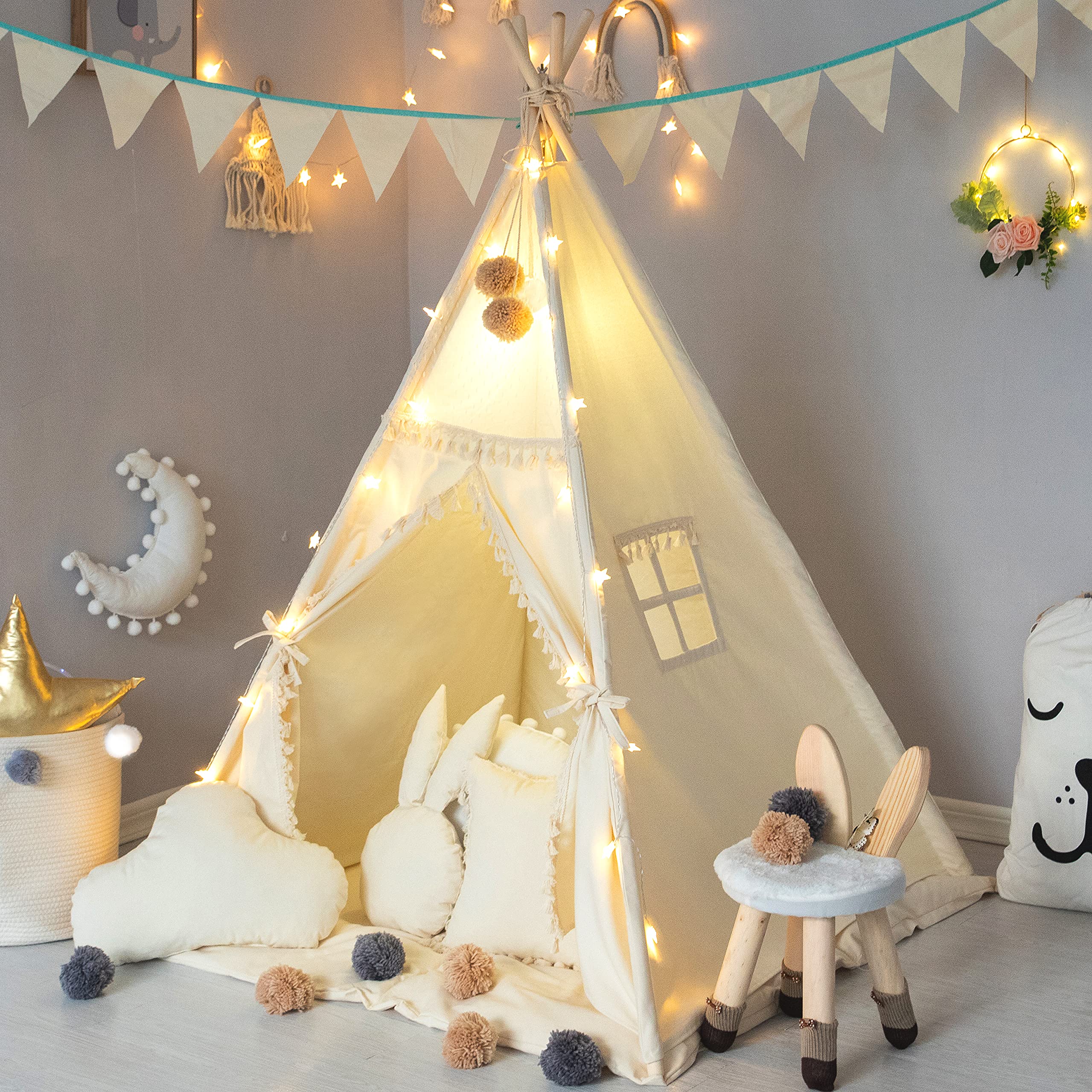 TreeBud Kids Teepee Tent assembled in a cozy playroom for imaginative play