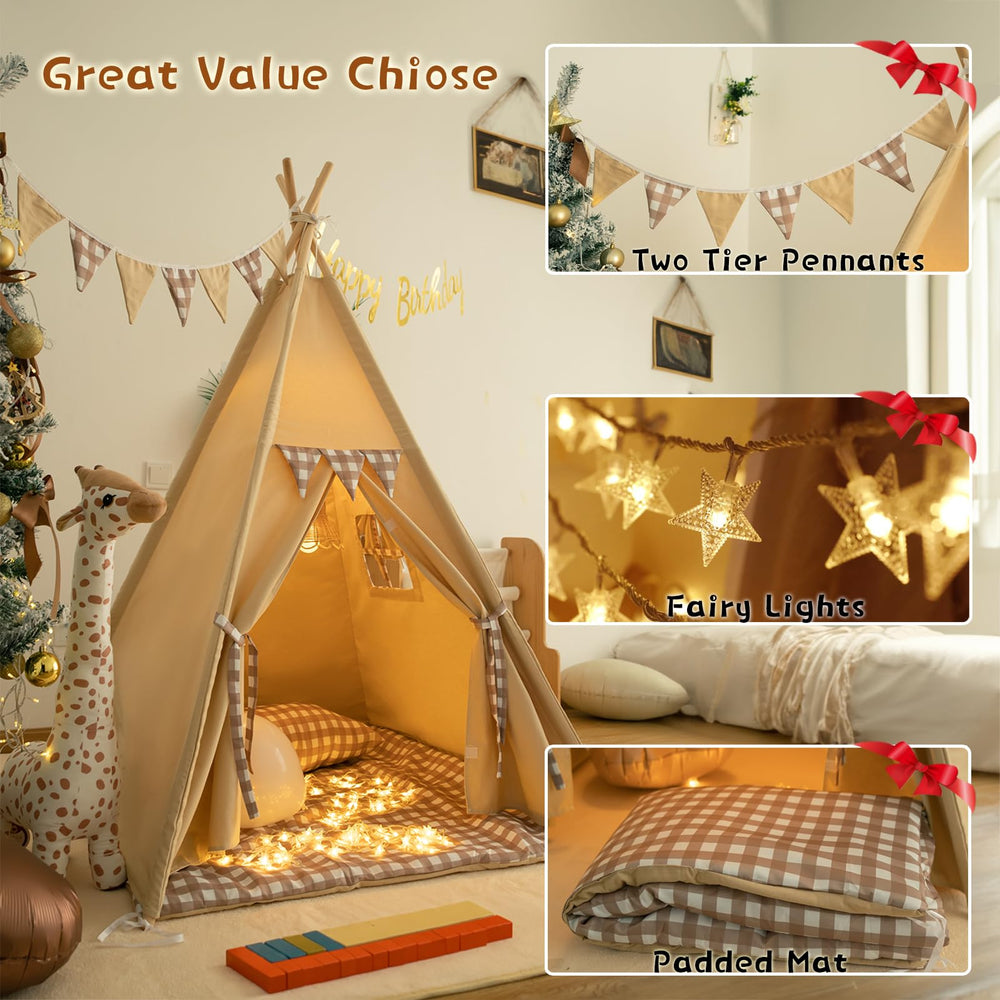 TreeBud teepee tent gingham design creates warm, stylish play area