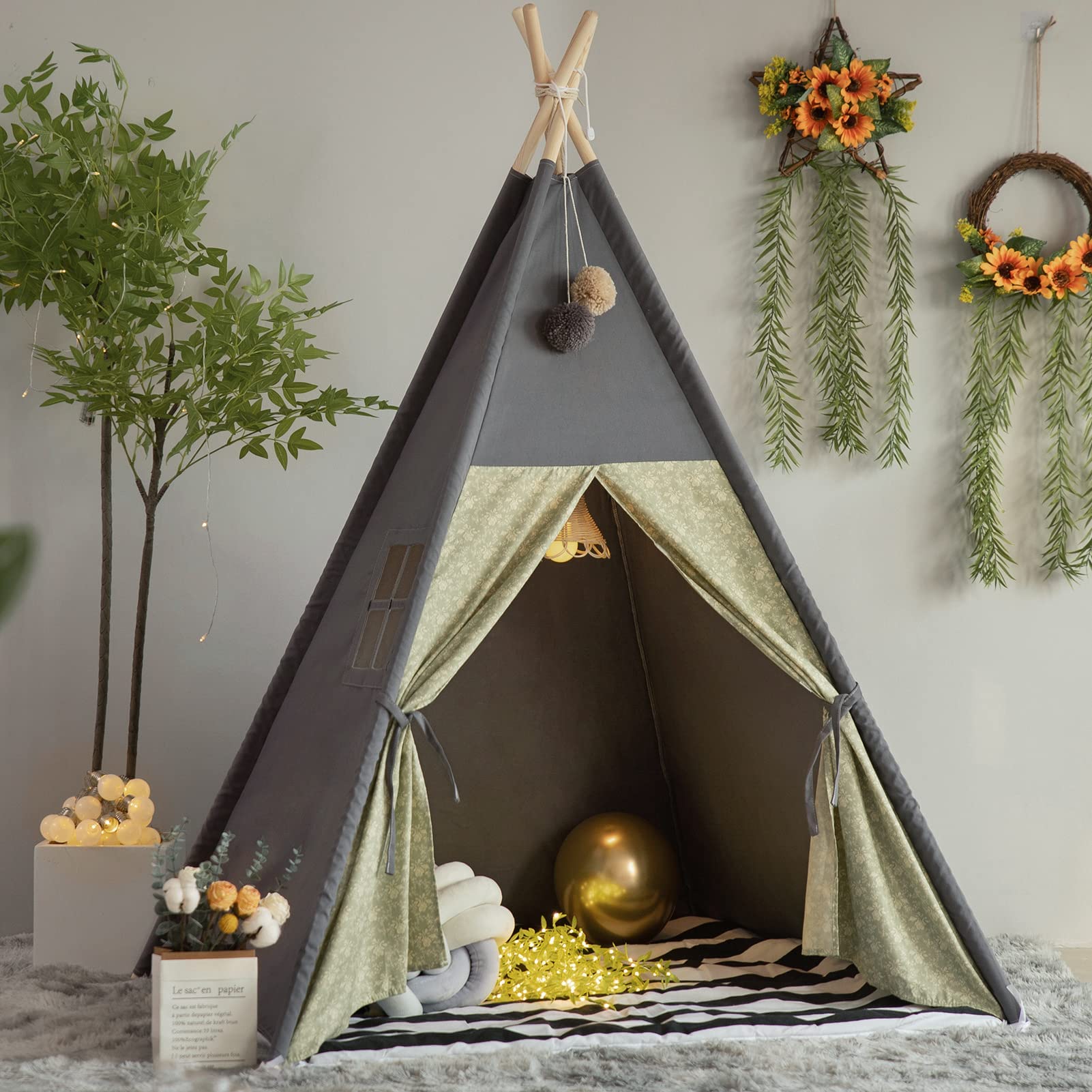 TreeBud Teepee Tent stripe padded mat offers a cozy indoor play space for kids