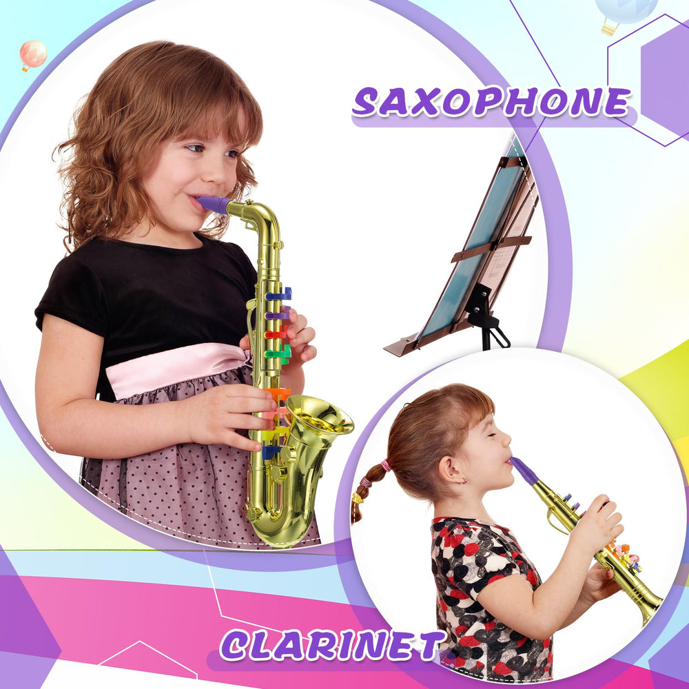 Treela toy horn with color keys encourages creative pretend-band sessions.