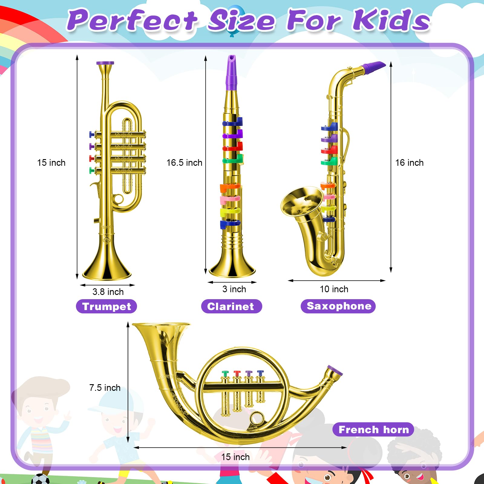 Treela toy saxophone showcases color keys for beginner-friendly play.