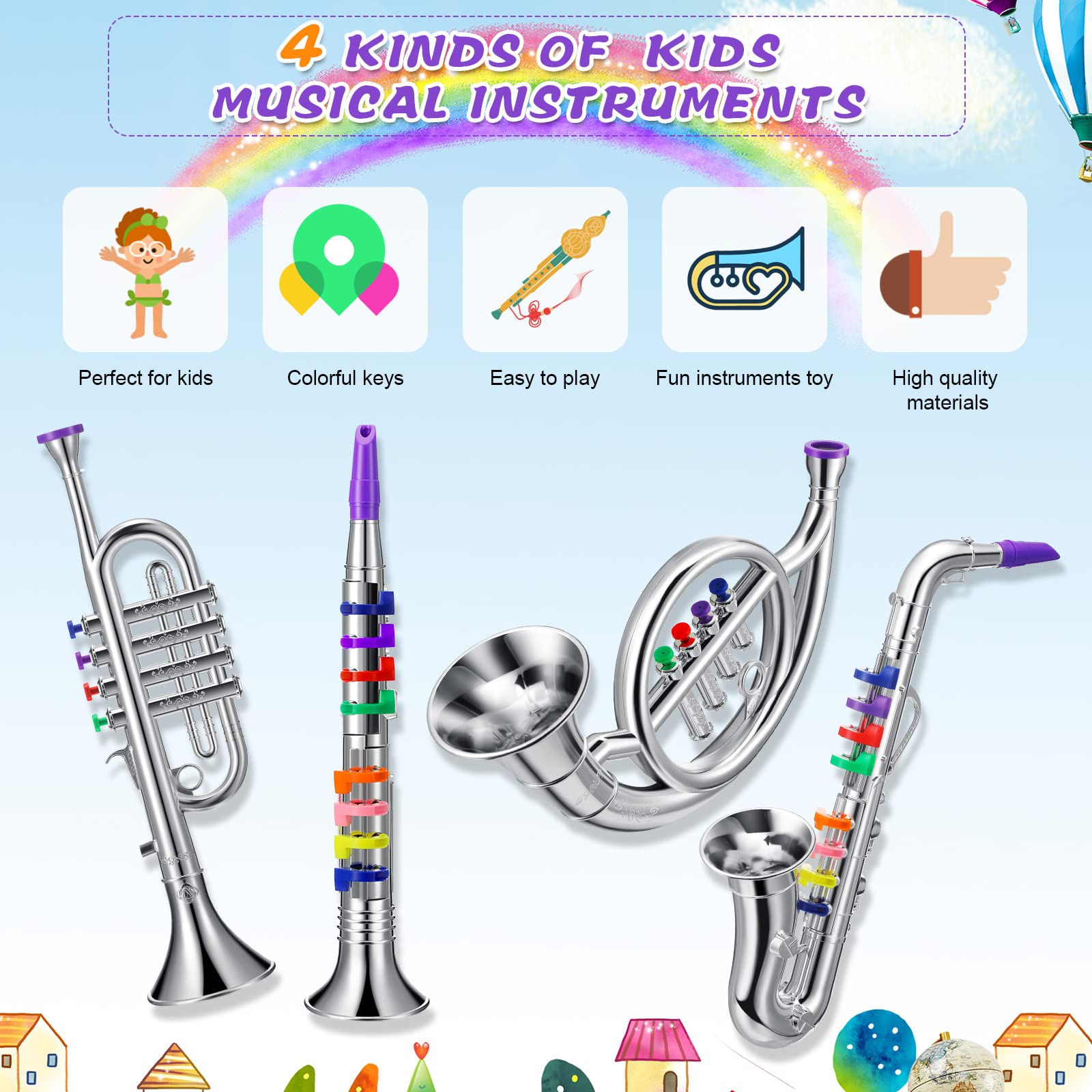 Treela toy trumpet with bright keys supports pretend band play at home.