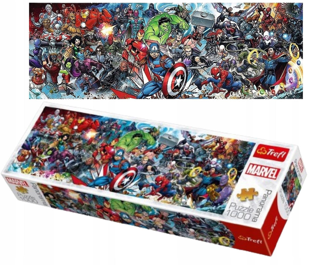 Trefl Marvel Avengers panorama assembly shows vibrant colors for engaging family time.
