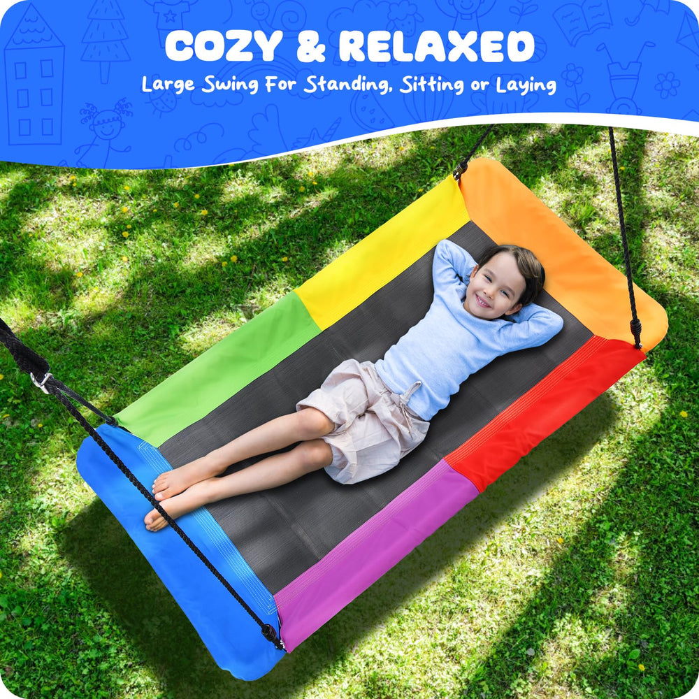 Trekassy rainbow swing adds vibrant color to your backyard.
