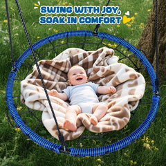 Trekassy blue swing adds a vibrant focal point to any backyard.
