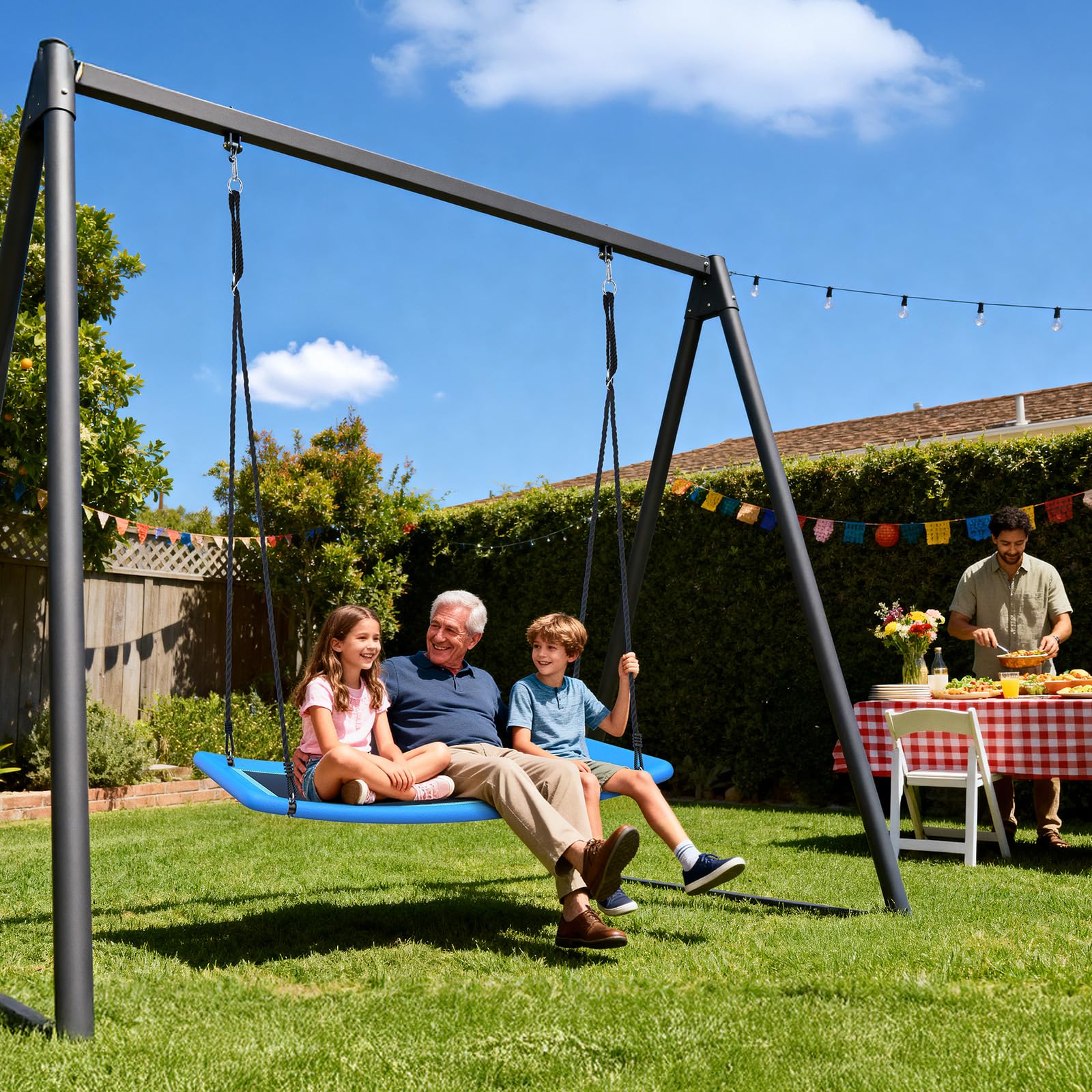 Spacious curved design enhances comfort during long backyard sessions.