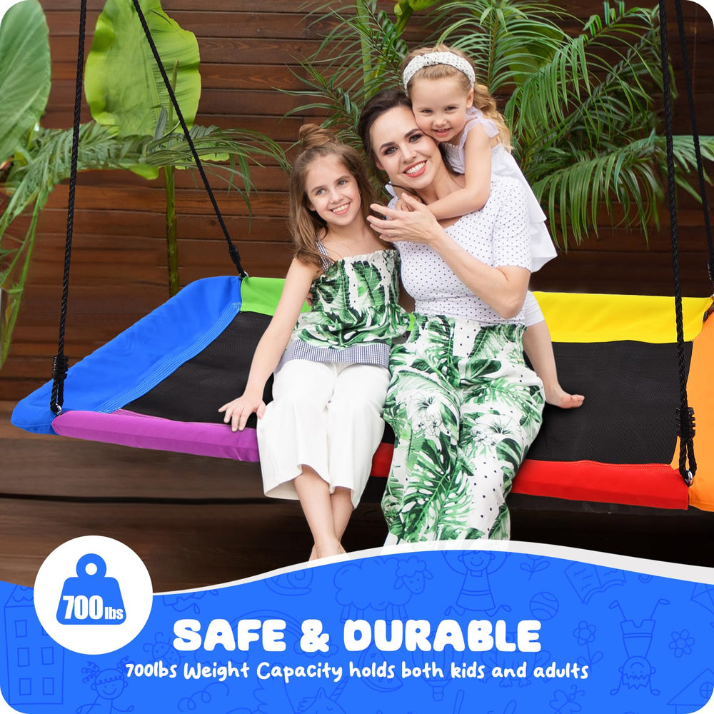 Trekassy family enjoying the rectangle swing for cozy outdoor time.