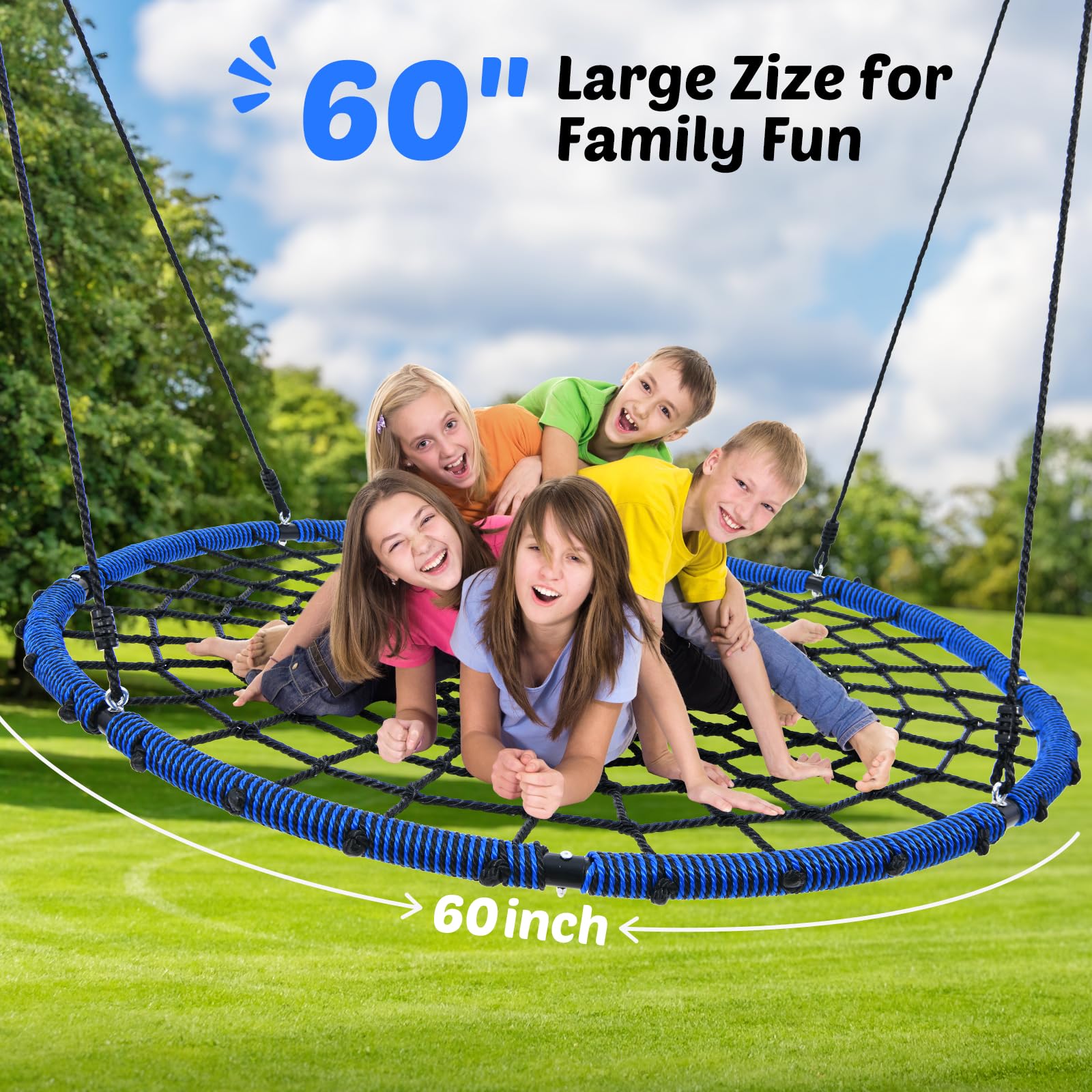 Trekassy heavy-duty steel frame supports a stable 60-inch saucer swing.