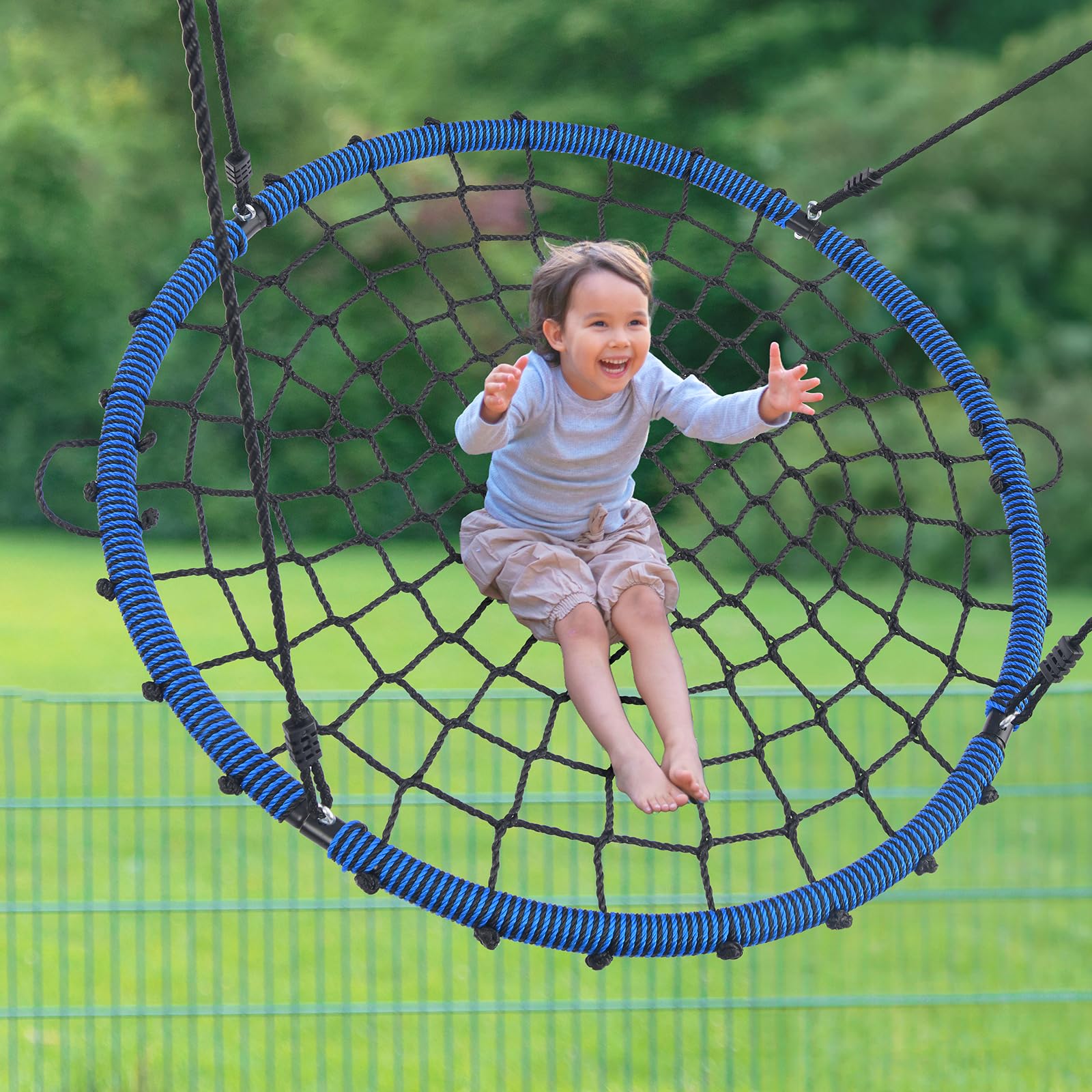 Trekassy net swing assembly detail emphasizes durable braided rope and metal rings
