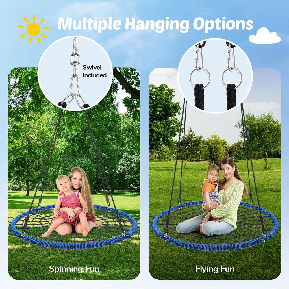 Trekassy spider web swing outdoors scene highlighting spacious 45-inch seat for all ages