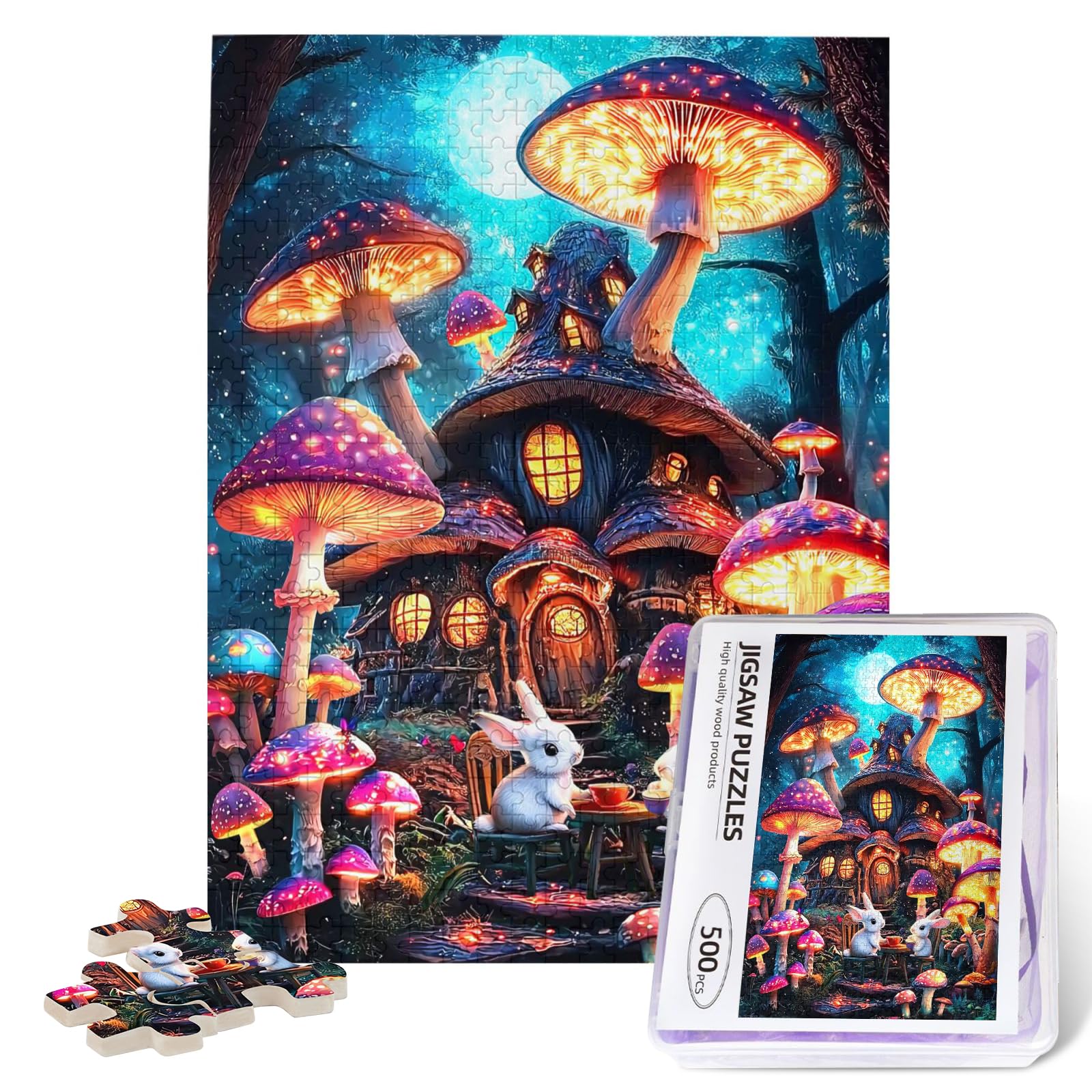 TREKTOTS whimsical forest moonlit mushroom house puzzle for relaxing evenings and décor.