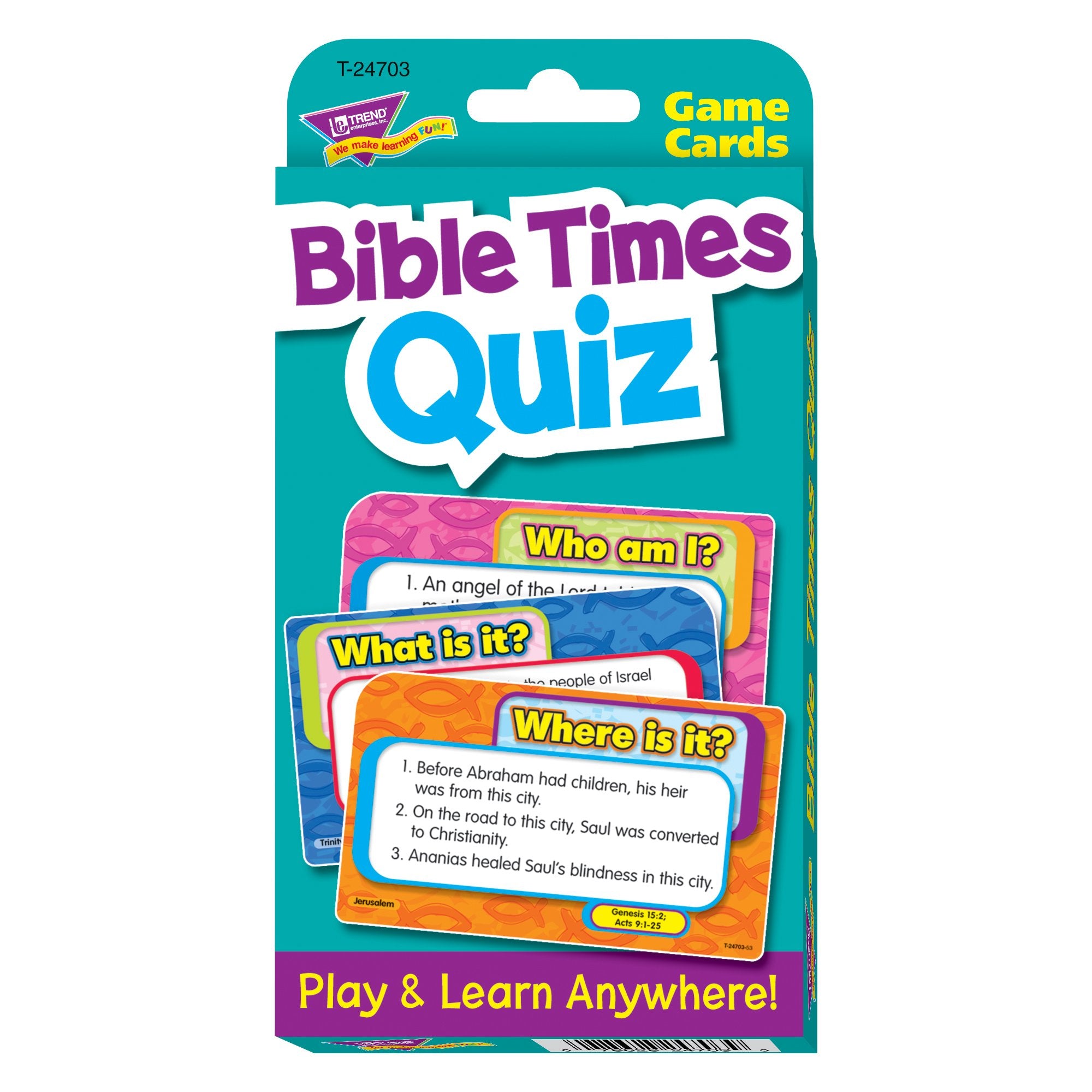 Trend Enterprises Bible Times Quiz Challenge Cards front cover invites curious learners with Bible-themed prompts.