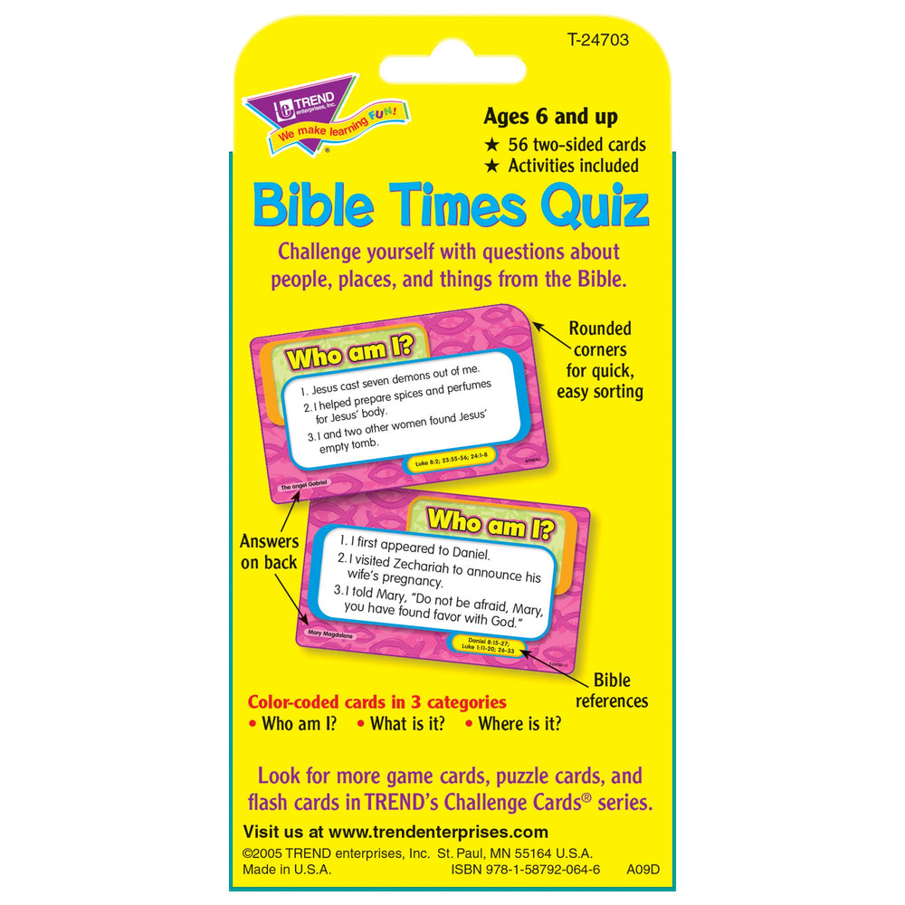 Trend Enterprises Bible Times Quiz Challenge Cards in use during classroom or family study session.