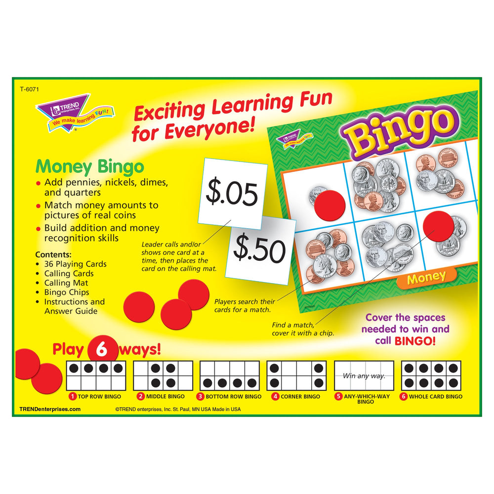 Trend Enterprises Money Bingo calling cards help guide smooth group play.