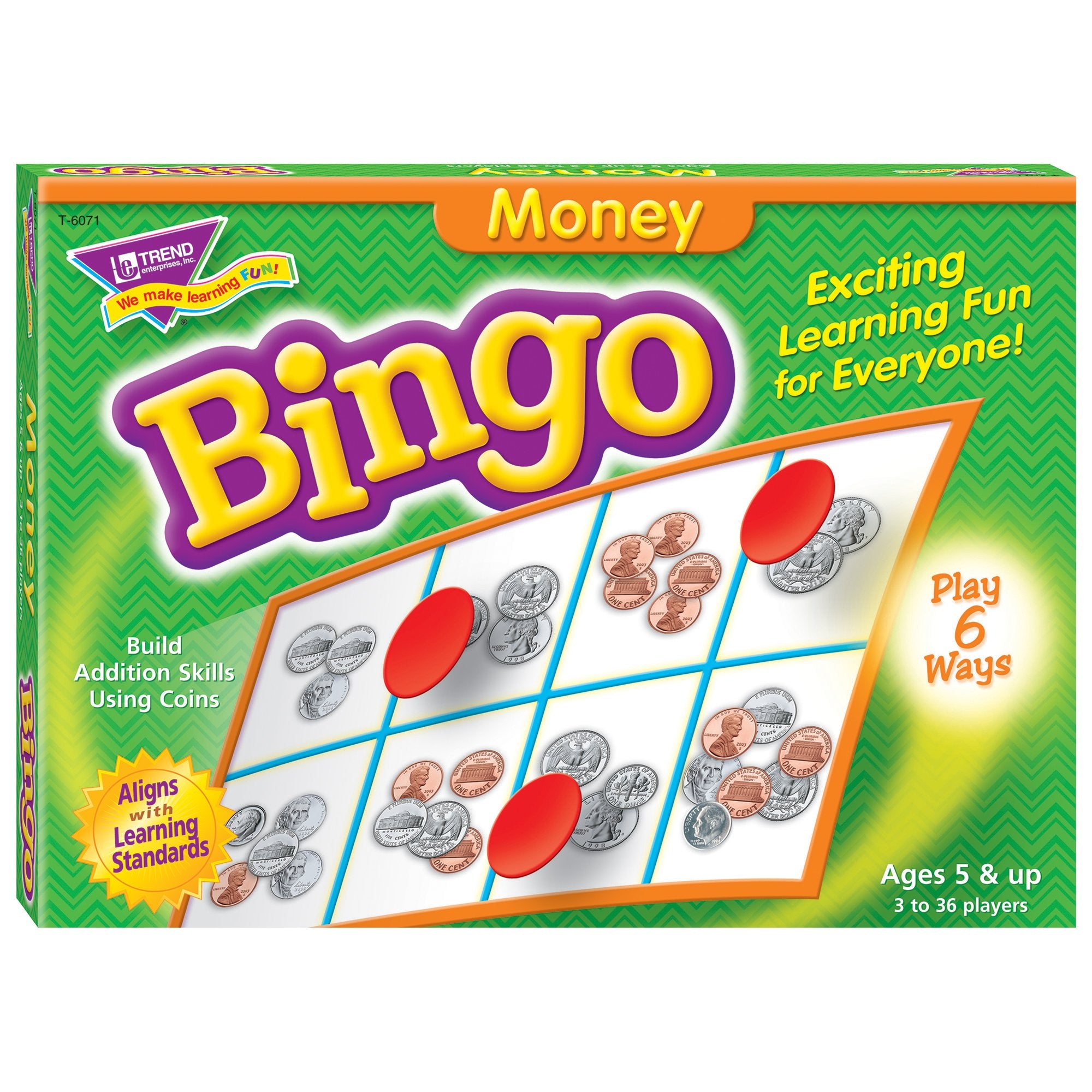 Trend Enterprises Money Bingo game setup shows classroom-ready components.